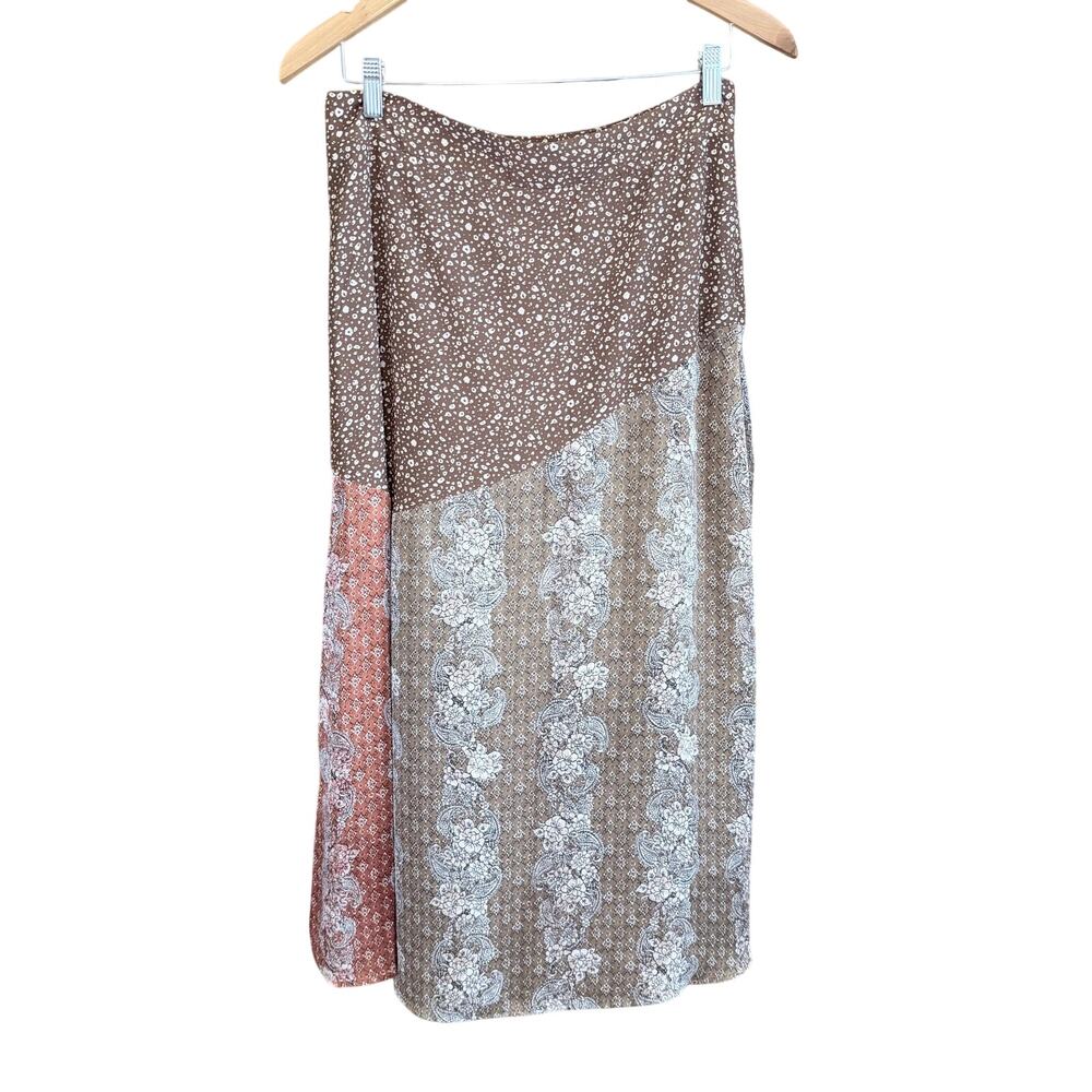 Mystree brown patchwork boho prairie cottagecore satin long skirt large autumn